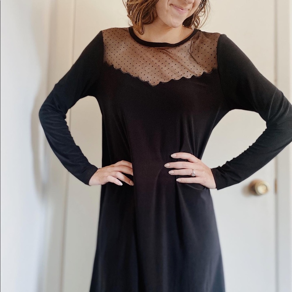 Black long sleeve shirt dress with polka dot mesh and scalloped neckline 🖤
